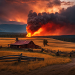 An image capturing the intense cliffhanger from Yellowstone's TV series, where a fiery explosion engulfs the iconic Dutton Ranch, shrouded in billowing smoke, while the sun sets in a blood-red sky