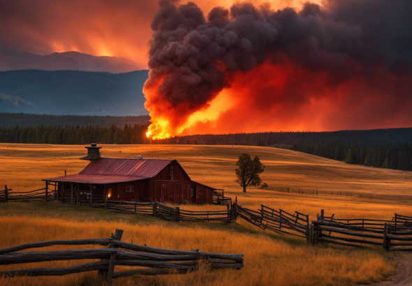 An image capturing the intense cliffhanger from Yellowstone's TV series, where a fiery explosion engulfs the iconic Dutton Ranch, shrouded in billowing smoke, while the sun sets in a blood-red sky