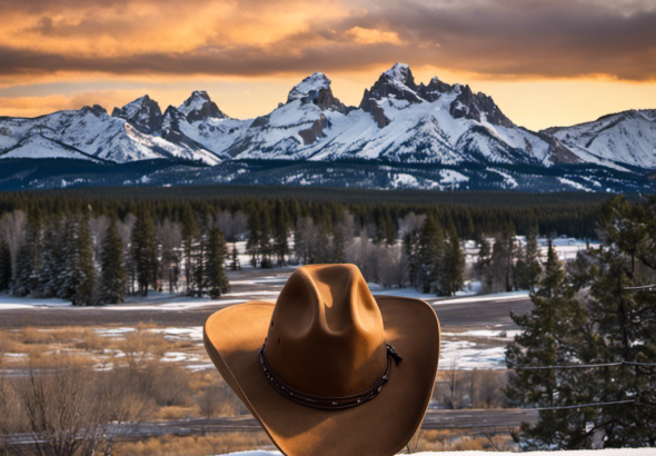 An image showcasing a weathered cowboy hat resting on the wooden rail of a corral, surrounded by a backdrop of majestic snow-capped mountains and the vast expanse of Yellowstone's sprawling plains