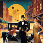 An image showcasing the vibrant world of the 1923 cast & characters: a dashing flapper with a feathered headband, a suave gentleman in a pinstriped suit, a mischievous bootlegger with a flask, and a glamorous actress with a cigarette holder