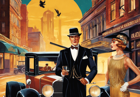 An image showcasing the vibrant world of the 1923 cast & characters: a dashing flapper with a feathered headband, a suave gentleman in a pinstriped suit, a mischievous bootlegger with a flask, and a glamorous actress with a cigarette holder