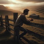 DALL·E 2023 10 21 12.43.31 Photo of a contemplative male figure at a ranch, leaning against the rustic fence. The serene landscape is lit by the melancholic glow of the setting