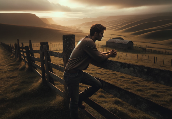DALL·E 2023 10 21 12.43.31 Photo of a contemplative male figure at a ranch, leaning against the rustic fence. The serene landscape is lit by the melancholic glow of the setting