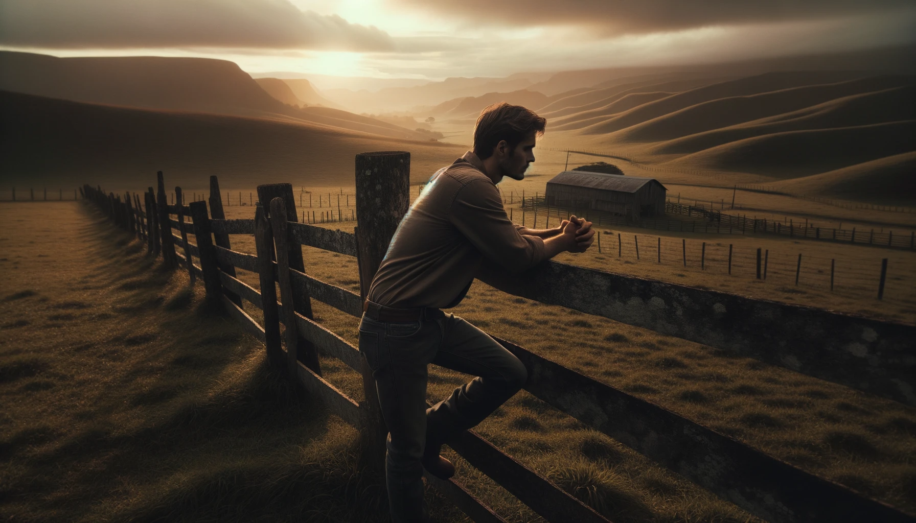 DALL·E 2023 10 21 12.43.31 Photo of a contemplative male figure at a ranch, leaning against the rustic fence. The serene landscape is lit by the melancholic glow of the setting