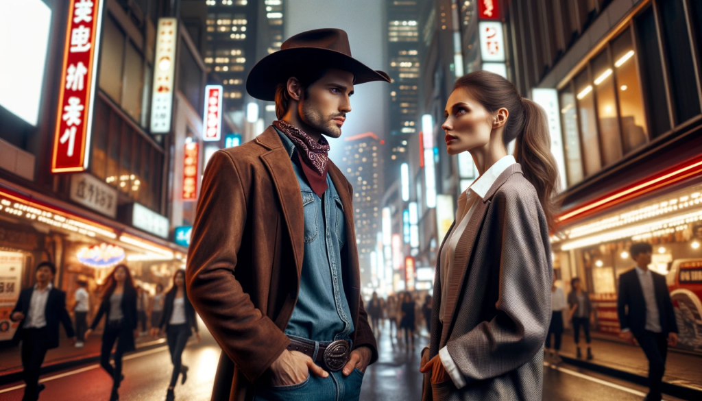 DALL·E 2023 10 21 13.00.56 Photo of a cowboy standing in a busy city street, with tall buildings and passing pedestrians. His gaze is fixed on a confident woman who stands a few