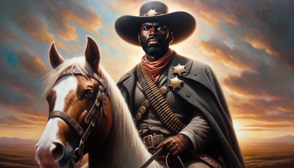 DALL·E 2023 10 24 10.21.38 Oil painting of a renowned black cowboy sheriff atop a strong horse against a setting sun in the wild west. His lawman attire, adorned with badges and