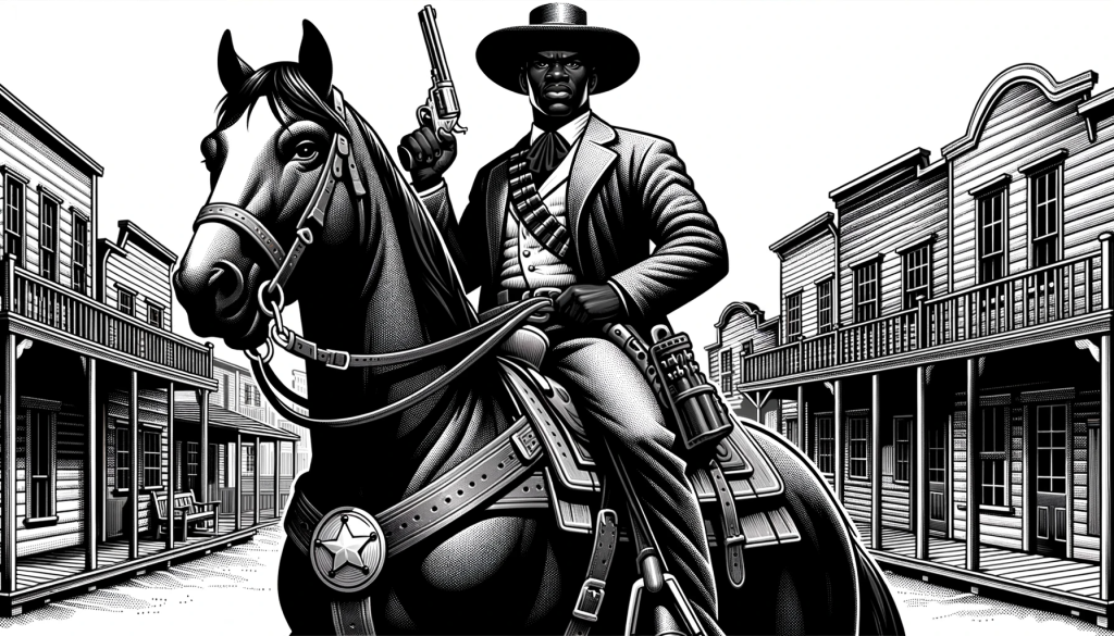 DALL·E 2023 10 24 10.21.44 Illustration of a black cowboy sheriff, known for his tales of bravery, confidently astride a majestic horse. He dons a distinguished lawman outfit, i
