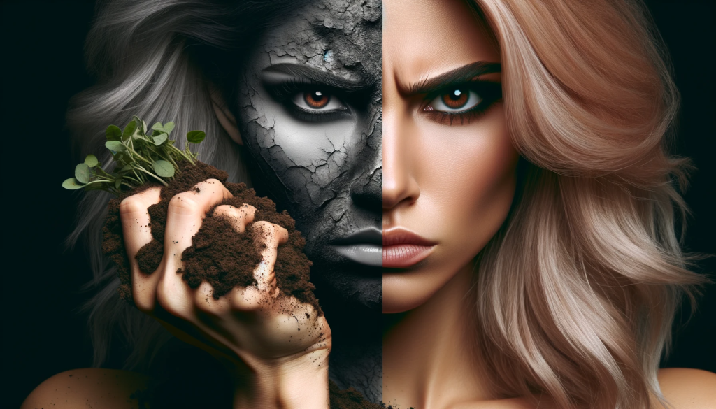 DALL·E 2023 10 26 12.19.27 Photo composition where on the left, there's a close up of a fiercely determined woman with blond hair. Her eyes burn with controlled rage. She's hold