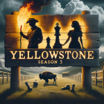 DALL·E 2023 10 26 12.27.39 Digital render of a wooden sign with the words 'Yellowstone Season 5' burned into it. Behind the sign, a panorama of the ranch under a turbulent sky.