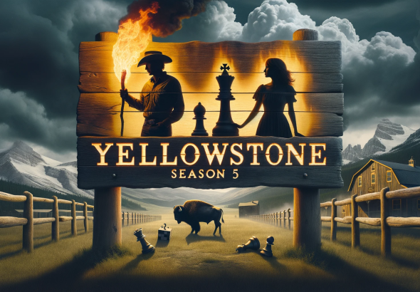 DALL·E 2023 10 26 12.27.39 Digital render of a wooden sign with the words 'Yellowstone Season 5' burned into it. Behind the sign, a panorama of the ranch under a turbulent sky.