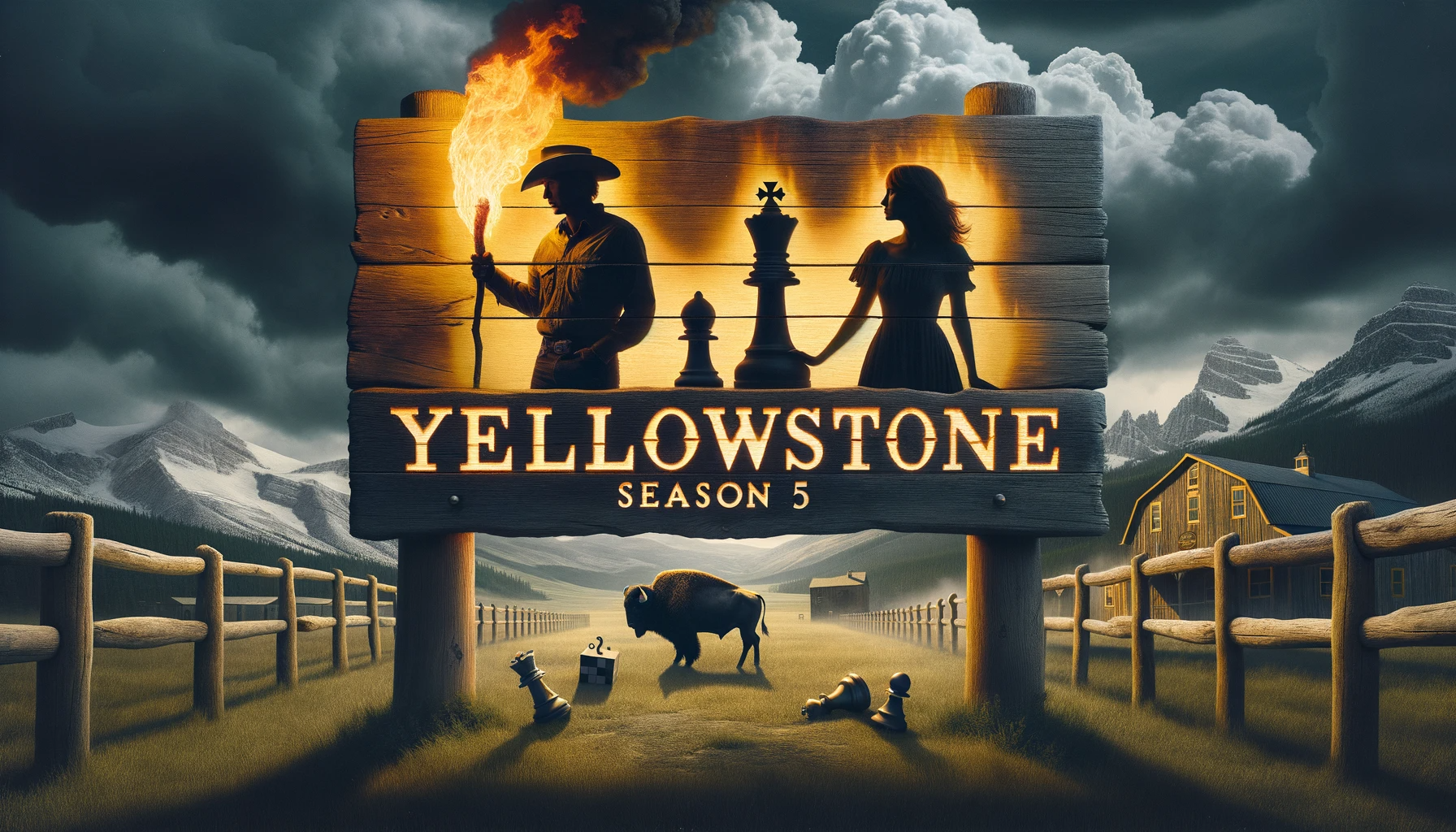 DALL·E 2023 10 26 12.27.39 Digital render of a wooden sign with the words 'Yellowstone Season 5' burned into it. Behind the sign, a panorama of the ranch under a turbulent sky.