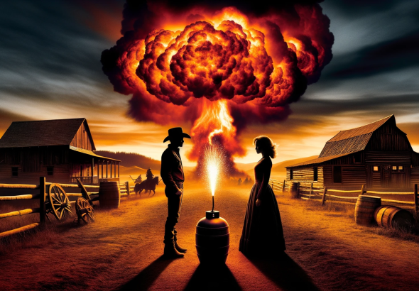 DALL·E 2023 10 26 12.28.16 Photo composition of a rustic ranch setting representing Yellowstone. The sky is ablaze with dramatic fiery colors, symbolizing the intense drama of S