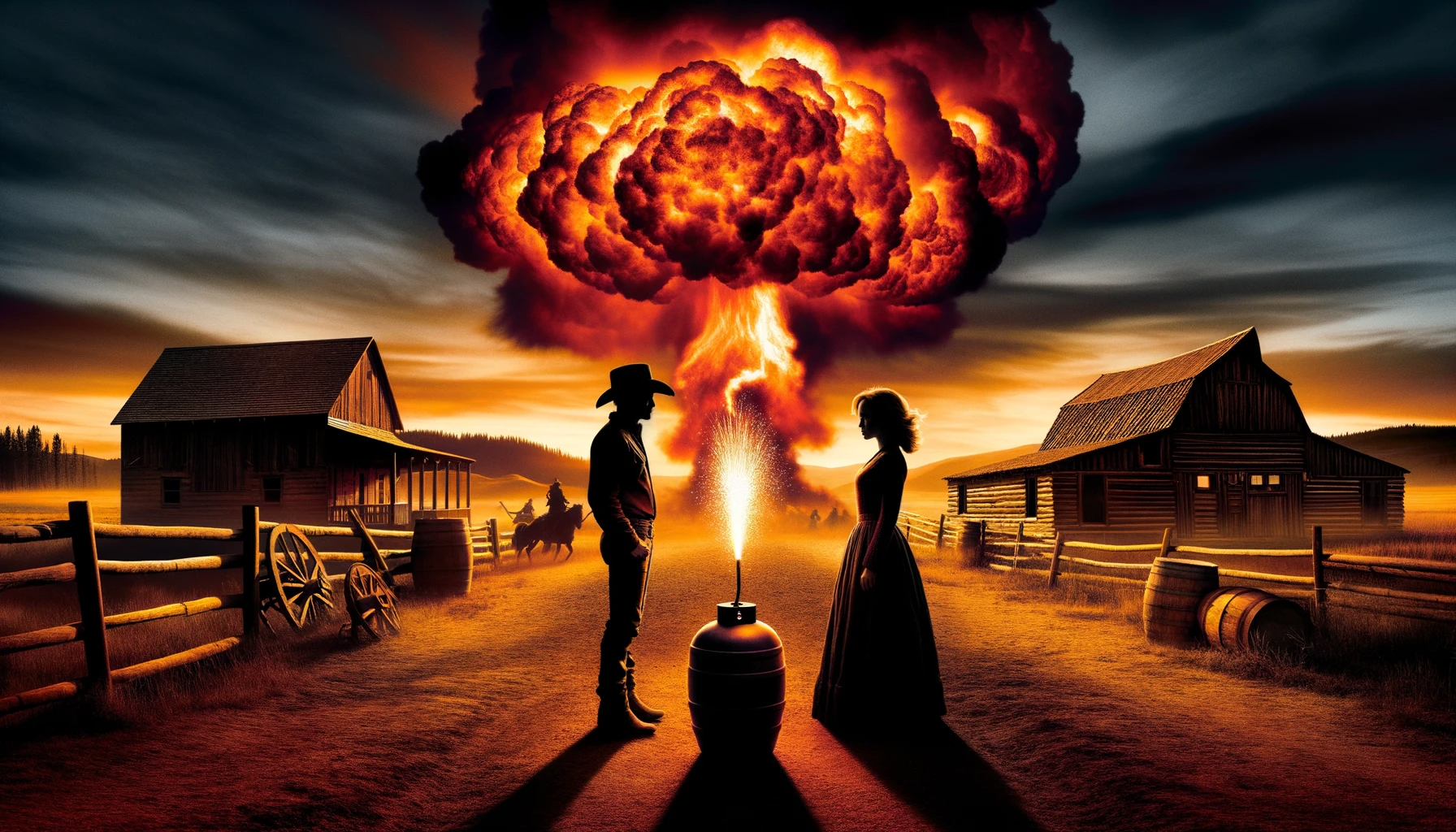 DALL·E 2023 10 26 12.28.16 Photo composition of a rustic ranch setting representing Yellowstone. The sky is ablaze with dramatic fiery colors, symbolizing the intense drama of S