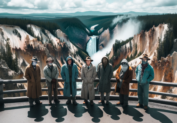 DALL·E 2023 10 31 10.14.08 Photo capturing the essence of fictional characters reminiscent of Yellowstone's iconic cast. Their mysterious expressions and interactions are set ag