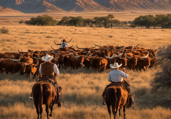 An image capturing the essence of the Wild West, where majestic longhorn cattle roam freely across vast Texan plains, while skilled cowboys clad in traditional attire ride through the iconic 6666 Ranch, embracing the spirit of an untamed Texas tale