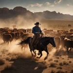An image capturing the spirit of the legendary 6666 Ranch in popular culture: a rugged cowboy, atop a majestic horse, herding a massive herd of sleek, powerful cattle across the vast, windswept plains of Texas