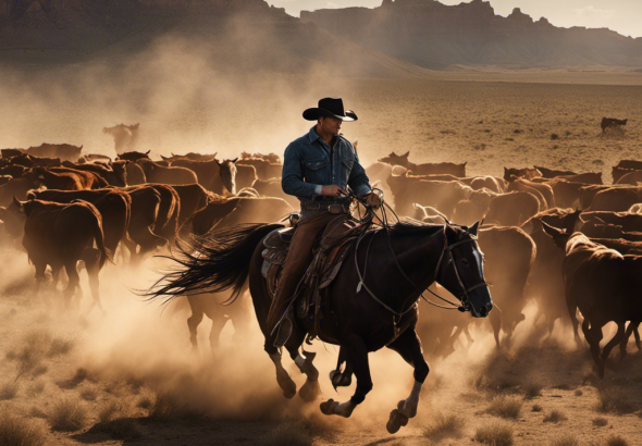An image capturing the spirit of the legendary 6666 Ranch in popular culture: a rugged cowboy, atop a majestic horse, herding a massive herd of sleek, powerful cattle across the vast, windswept plains of Texas