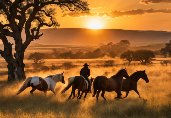 the essence of the iconic 6666 Ranch: A sun-kissed panorama of untamed Texas grasslands, dotted with majestic horses gracefully galloping against a backdrop of rolling hills and a vibrant sunset