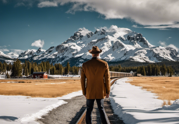 Image, Jamie stands amidst the picturesque grandeur of Yellowstone National Park, his bewildered eyes reflecting the towering mountains and vibrant flora