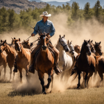 An image showcasing Jefferson White (Jimmy Hurdstrom) on the Four Sixes Ranch, depicting a resolute expression on Jimmy's face as he confidently handles a herd of horses, symbolizing his promising future as a skilled ranch hand