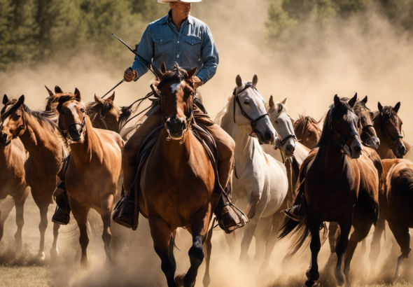 An image showcasing Jefferson White (Jimmy Hurdstrom) on the Four Sixes Ranch, depicting a resolute expression on Jimmy's face as he confidently handles a herd of horses, symbolizing his promising future as a skilled ranch hand