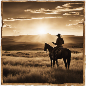 An image showcasing Luke Grimes' enigmatic past: a sepia-toned photograph of a rustic Wyoming landscape, framed by a vintage map, with a solitary cowboy silhouette fading into the horizon under a setting sun