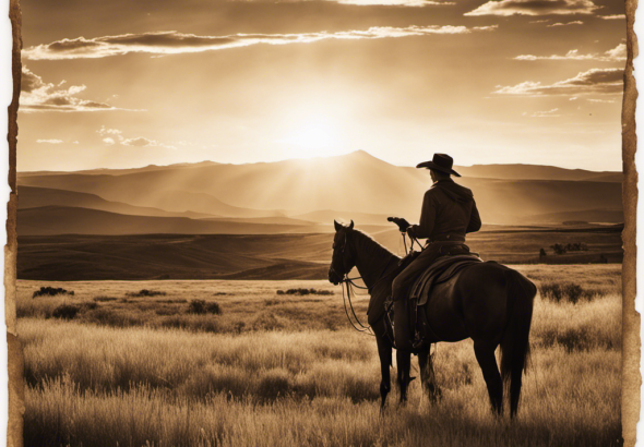 An image showcasing Luke Grimes' enigmatic past: a sepia-toned photograph of a rustic Wyoming landscape, framed by a vintage map, with a solitary cowboy silhouette fading into the horizon under a setting sun