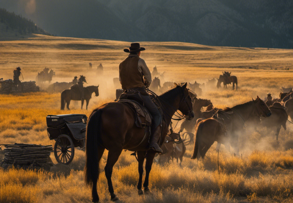 An image capturing the electric energy of Yellowstone creator Taylor Sheridan's life: a bustling film set with actors in cowboy hats, cameras rolling, and Sheridan orchestrating each scene with wild enthusiasm