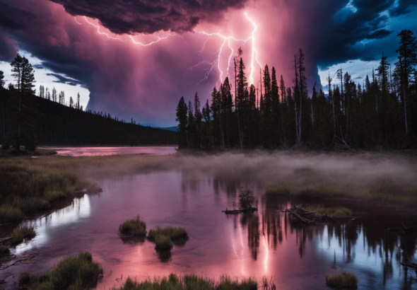 An image showcasing the ominous silhouette of dark, swirling clouds engulfing the iconic Yellowstone National Park