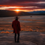 An image that captures a desolate, vast landscape of Yellowstone National Park, illuminated by a blood-red sunset