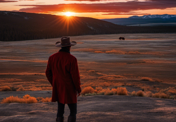 An image that captures a desolate, vast landscape of Yellowstone National Park, illuminated by a blood-red sunset