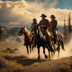 An image that vividly captures the iconic Yellowstone landscape, with the show's characters, Jimmy and Teeter, riding through the untamed wilderness on horseback, symbolizing the groundbreaking impact of the Yellowstone 6666 trailer on the Wild West genre