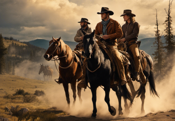 An image that vividly captures the iconic Yellowstone landscape, with the show's characters, Jimmy and Teeter, riding through the untamed wilderness on horseback, symbolizing the groundbreaking impact of the Yellowstone 6666 trailer on the Wild West genre