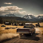 An image showcasing the iconic Yellowstone 6666 trailer, capturing Jimmy and Teeter's electrifying chemistry