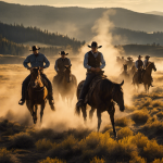 An image that showcases the intense clash between cowboys and businessmen, set against the breathtaking backdrop of Yellowstone National Park
