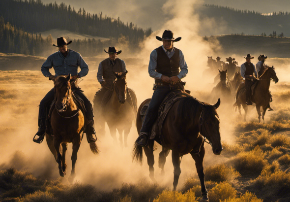 An image that showcases the intense clash between cowboys and businessmen, set against the breathtaking backdrop of Yellowstone National Park