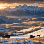 An image capturing the rugged beauty of the 1883 American frontier: a horse-drawn covered wagon traverses vast plains, guided by determined pioneers, against a backdrop of majestic snow-capped mountains, symbolizing the perilous yet awe-inspiring journey from Tennessee to Montana
