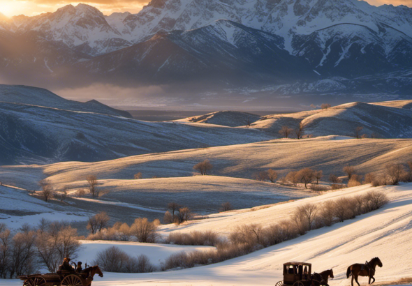 An image capturing the rugged beauty of the 1883 American frontier: a horse-drawn covered wagon traverses vast plains, guided by determined pioneers, against a backdrop of majestic snow-capped mountains, symbolizing the perilous yet awe-inspiring journey from Tennessee to Montana