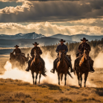 An image of a group of cowboys on horseback riding through the rugged landscape of Yellowstone National Park