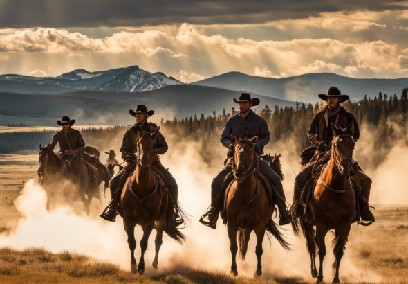 An image of a group of cowboys on horseback riding through the rugged landscape of Yellowstone National Park