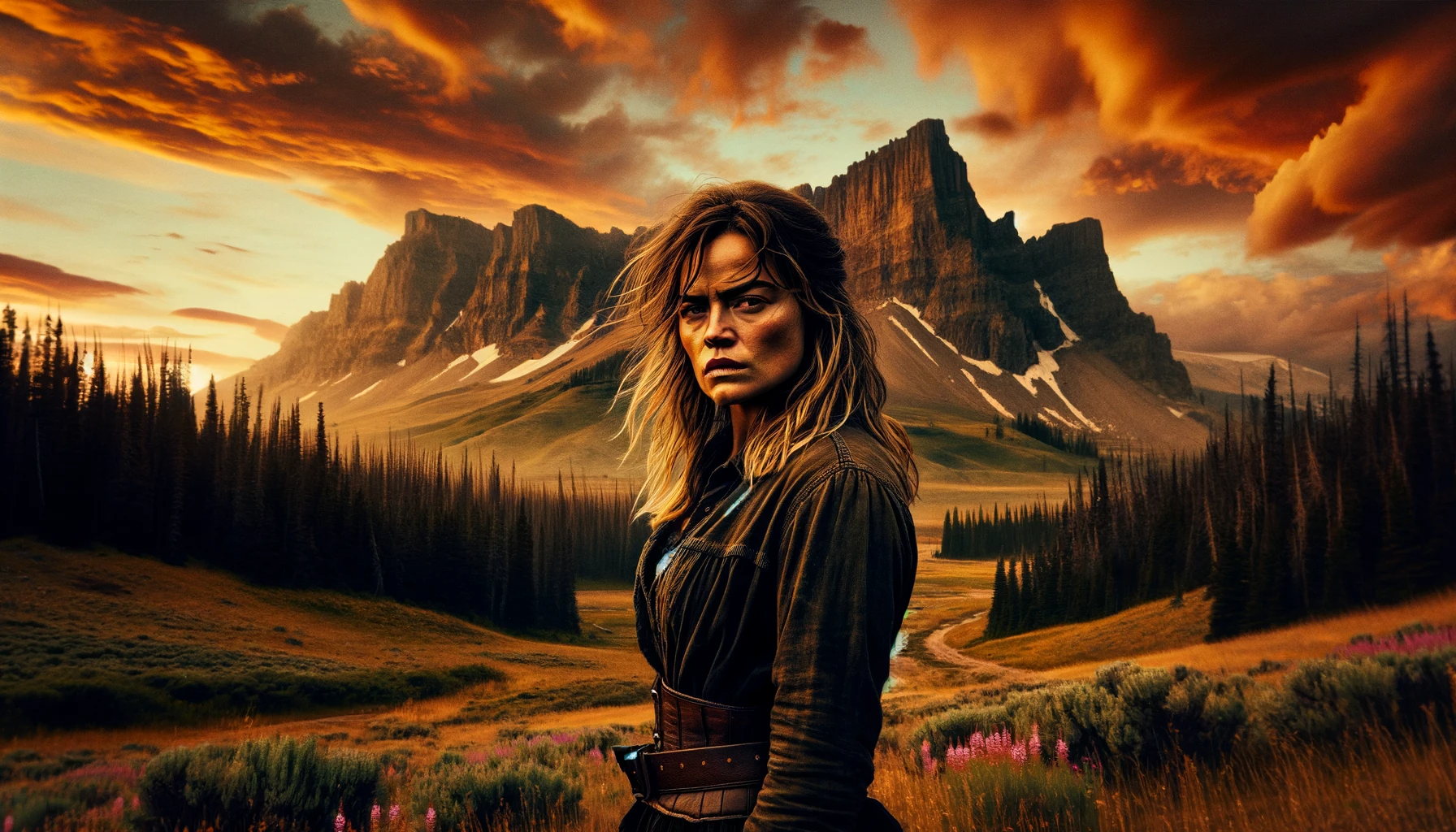 DALL·E 2023 11 04 17.05.08 Photo capturing a strong willed and determined woman, reminiscent of a character from a popular series, standing tall amidst Montana's wild landscape