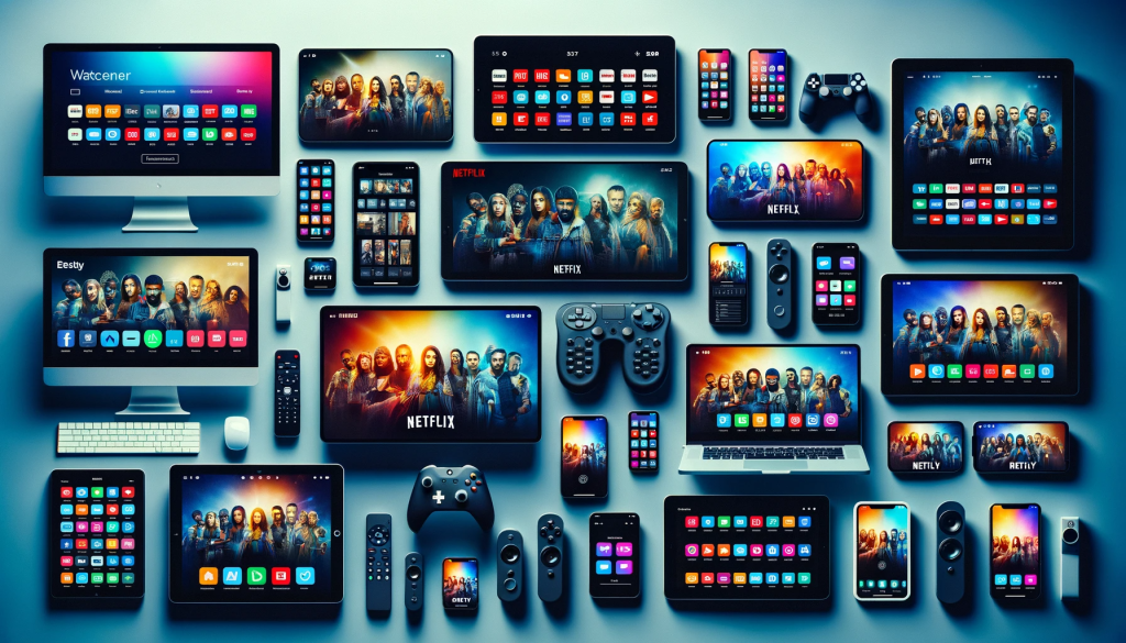 DALL·E 2023 11 02 13.06.25 Photo showcasing a variety of modern devices including smartphones, tablets, laptops, and smart TVs, each screen displaying different generic streamin