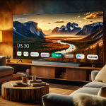 DALL·E 2023 11 02 13.09.42 Photo of a warm and cozy living room, with plush sofas and ambient lighting, focusing on a large smart TV that displays a beautiful scene from Yellows