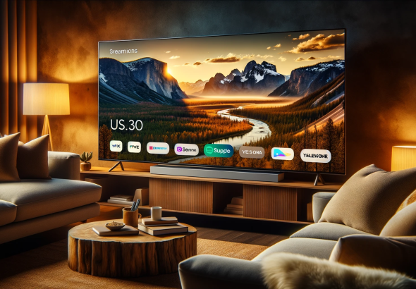 DALL·E 2023 11 02 13.09.42 Photo of a warm and cozy living room, with plush sofas and ambient lighting, focusing on a large smart TV that displays a beautiful scene from Yellows