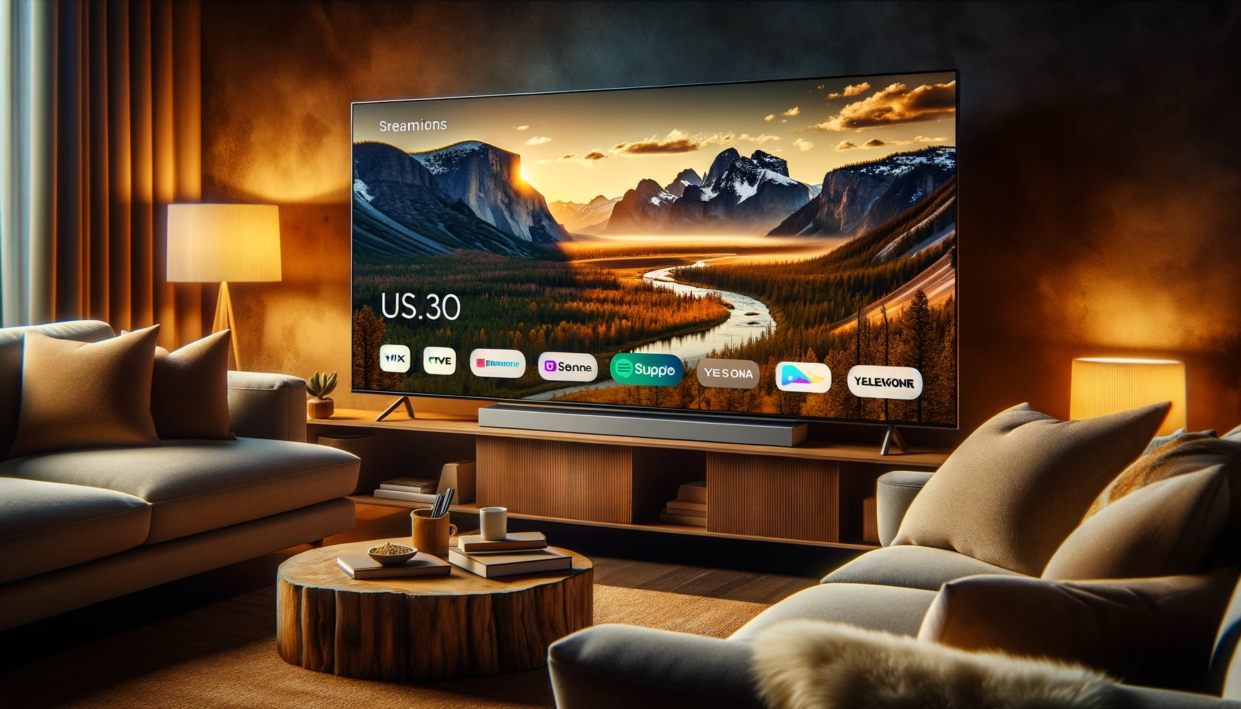 DALL·E 2023 11 02 13.09.42 Photo of a warm and cozy living room, with plush sofas and ambient lighting, focusing on a large smart TV that displays a beautiful scene from Yellows