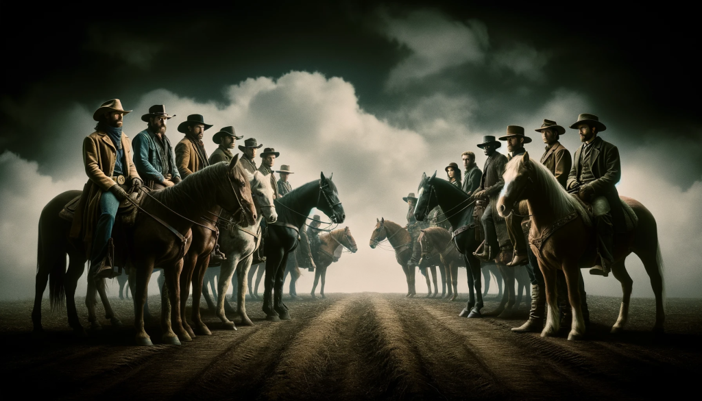 DALL·E 2023 11 04 11.57.46 Photo illustrating a gripping scene where rugged cowboys on horseback, reminiscent of characters from a popular ranching series, stand opposite settle