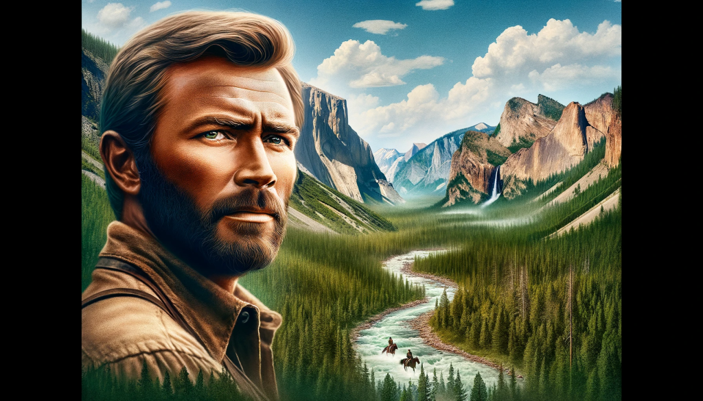DALL·E 2023 11 04 12.01.59 Photo of a rugged and determined man, reminiscent of a well known actor, standing prominently against the breathtaking landscape of Yellowstone Nation