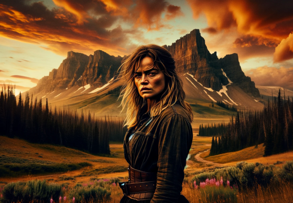 DALL·E 2023 11 04 17.05.08 Photo capturing a strong willed and determined woman, reminiscent of a character from a popular series, standing tall amidst Montana's wild landscape