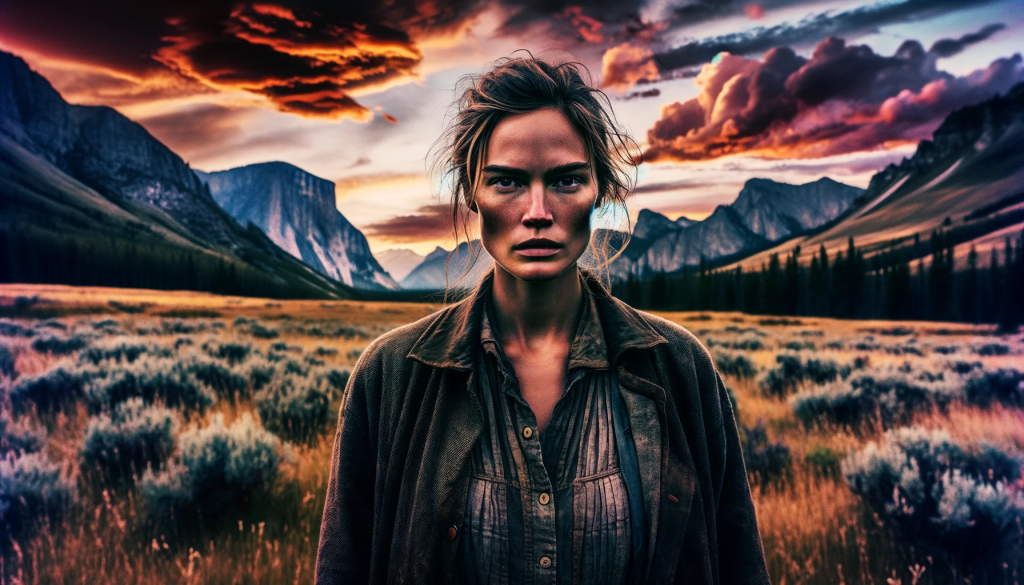 DALL·E 2023 11 04 17.05.13 Photo capturing a strong willed and determined woman, reminiscent of a character from a popular series, standing tall amidst Montana's wild landscape