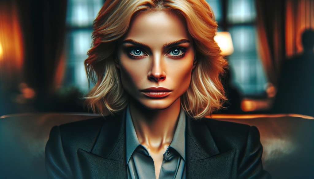 DALL·E 2023 11 04 17.10.42 Photo portraying a determined and fearless blonde woman, reminiscent of a character from a well known series. She navigates morally ambiguous situatio